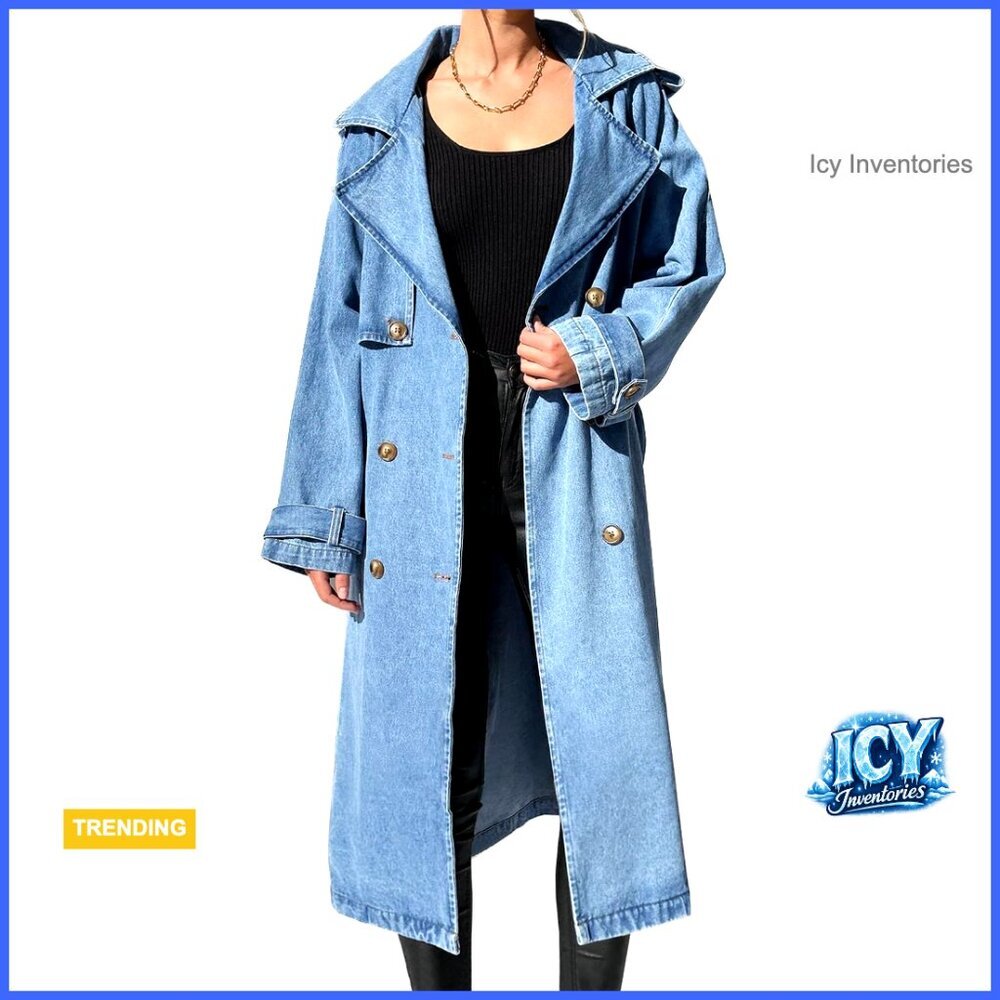 Long Double Breasted Denim Jacket Oversized Button Down Maxi Coat